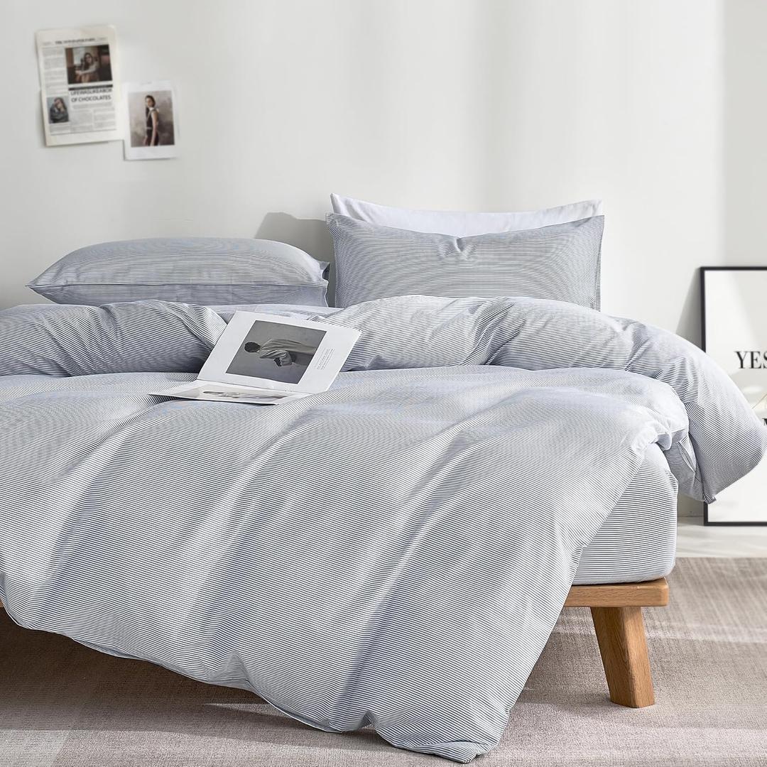 JELLYMONI 100% Natural Cotton 3pcs Striped Duvet Cover Sets,Blue Duvet Cover with Thin White Stripes Pattern Printed Comforter Cover,with Zipper Closure & Corner Ties(Queen Size) (0903-x)