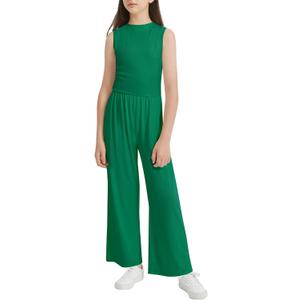 EXARUS Girls Sleeveless Jumpsuit Mock Neck Wide Leg Pants Zipper One Piece Rompers Overall Lightweight Casual 8-12Y (Green)