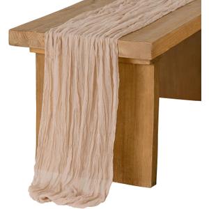 Ling's moment 10Ft x 35" Wide Warm Sand Gauze Semi-Sheer Table Runner Cheesecloth Tablecloth for Wedding Party Bridal Shower Boho Table Decor