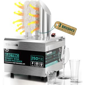 WantJoin Wine Glass Polisher Machine - 3 Brushes 250 Cups/Hour Commercial Electric Automatic Dryer with 304 Stainless Steel, 100% Cotton, 1150W High Power, 140°F Air Drying for Bar Restaurant Kitchen