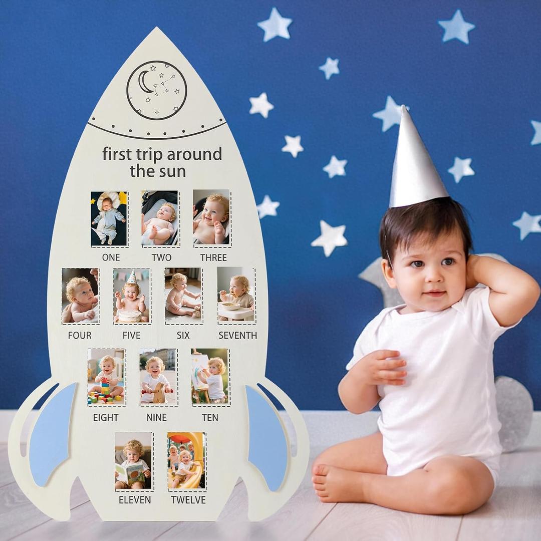 CroBlissful First Trip Around the Sun Photo Display Board Wooden My First Year Frames Milestones Monthly Photo Board for 2 x 3 Inch Display Plank Keepsake 1st Keepsake Gift 12 Months Frame