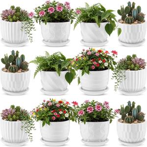 Maxdot 12 Set 4 Inch Ceramic Pots for Plants White Flower Pots with Drainage Holes Saucer Flower Planter for Indoor Outdoor Gardening Home Desktop Office Windowsill Decor