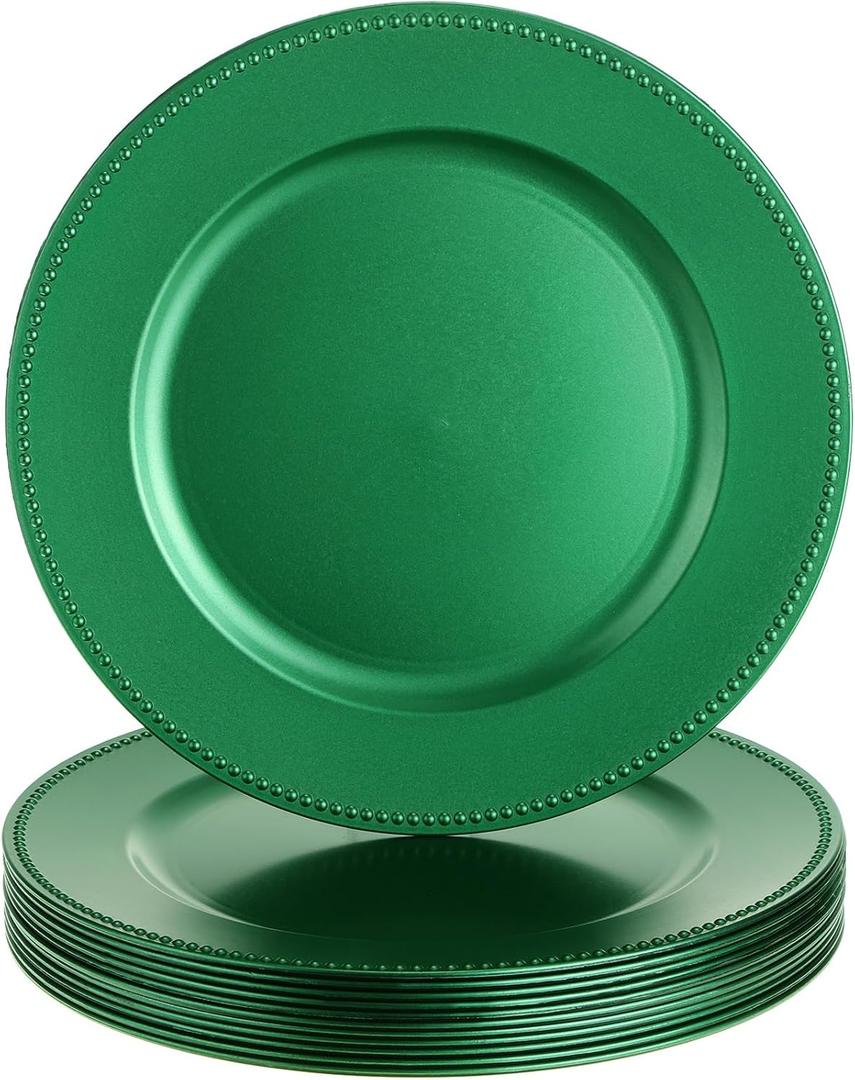 Gerrii 12 Pcs Metallic Bead Charger Plates 13 Inch Plastic Round Plates Bulk Wedding Beaded Chargers for Table Party Event Decoration(Green,Beaded)
