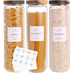 CZZGSM 3 Set Glass Pantry Storage Jars with Acacia Airtight Lid - 50oz Thicken Glass Kitchen Canisters with 132 Pantry Labels - Tall Food Storage Containers with Wood Lid for Pasta,Spaghetti,Cereal