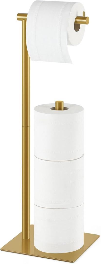 Toilet Paper Holder Stand Gold Free Standing TP Holder, Metal Toilet Paper Roll Holder with Reserve Bathroom Tissue Storage Holder, Gold (1)
