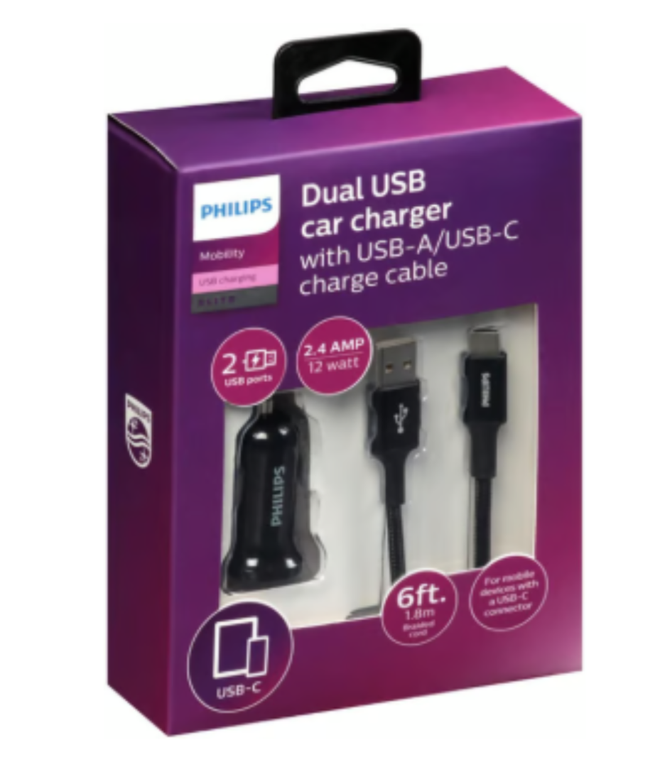 Philips Dual USB Car Charger with USB-A/USB-C Charge Cable
