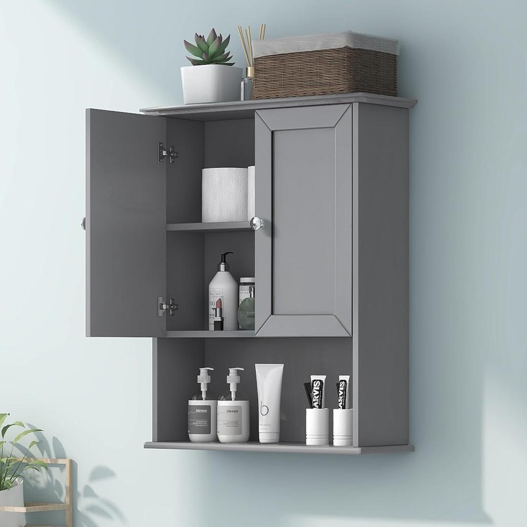VANIRROR Grey Wall Mounted Bathroom Cabinet 24x30 Inch Wooden Over Toilet Storage Cabinet with 2 Doors, Above Toilet Medicine Cabinets for Bathroom Laundry Room Bedroom Kitchen