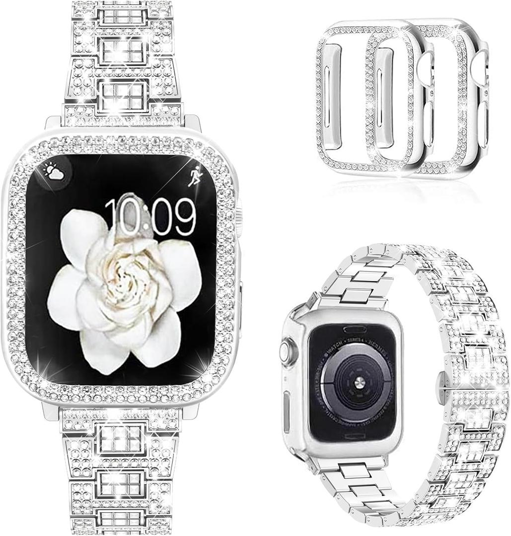Mosonio Compatible with Apple Watch Band, with 2 Pack Case Women, Jewelry Replacement Metal Bands Strap with Bling PC Protective Case for iWatch, Size: 40mm (Series 6/5/4/SE)