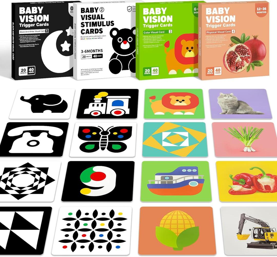 4 Sets High Contrast Baby Cards, 80 Pcs 160 Page Black White Colorful Baby Flashcards Newborn Toys for Infants Visual Stimulation Brain Sensory Development (0-36 Months)