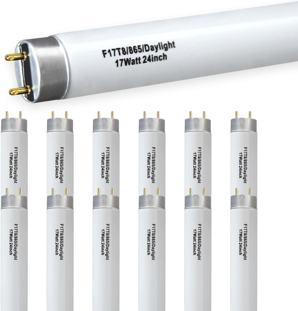 12 Pack 17W 24in T8 Bright White Fluorescent Tube, F17T8/865 6500K Daylight,2 Foot T8 Linear Fluorescent Lamp, Medium Bi-Pin (G13) Base,1350 Lumens