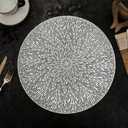 Silver Placemats Set of 4 Round PVC Table Mats 15 Inches Decorative Heat Resistant Placemats for Dining Holiday Wedding Party Easy to Clean Kitchen Mats with Leaf Cut-Out Design Home Decoration
