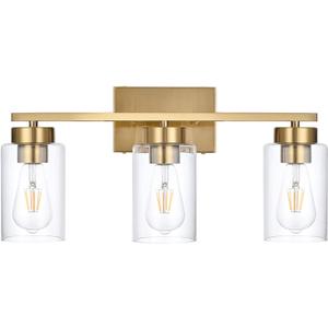 3-Light Bathroom Vanity Light, Modern Brushed Gold Wall Lights with Clear Glass Shades, Bathroom Wall Sconce Lamp for Mirror Living Room Bedroom Hallway