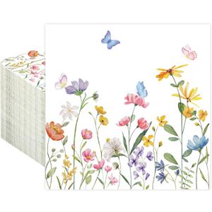 100 PCS Wildflower Cocktail Napkins Disposable Spring Floral Party Napkins 3-Ply Spring Flower Butterfly Paper Napkin for Wedding Bridal Baby Shower Birthday Tea Party Supplies
