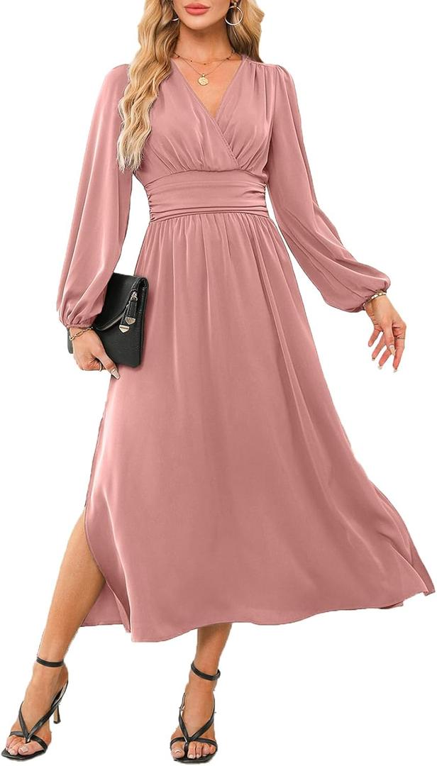 Dokotoo Women's Wrap V-Neck Empire Waist Dress Lantern Sleeve Ruched Side Slit Elegant Maxi Dress (Small, Pink)