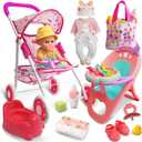Baby Doll Stroller Set Toys for Girls Toddlers 3-5 4-6 5-7 Gifts, 12.2" Baby Doll Accessories with 2 Set Doll Clothes, Dining Chair, Baby Stroller Toys for Accessories Pretend Play