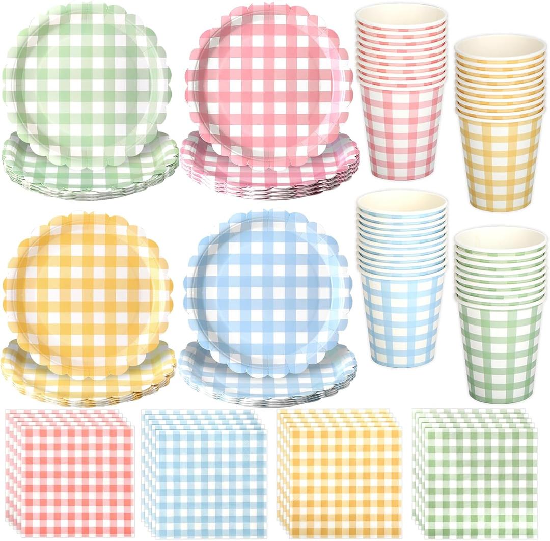 96 Pcs Gingham Dessert Paper Plates And Napkins/Cup Set - 9 Inch 4 Color(Red/Blue/Green/Yellow) Small Scalloped Disposable Paper Plate - Disposable Gingham Party Supplies - For Picnic Wedding Birthday
