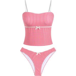 ZAFUL Tankini Swimsuits for Women Bow Tie Side Bathing Suits Tummy Control High Cut Two Piece Bikini Sets (Small, 2-gingham-red)