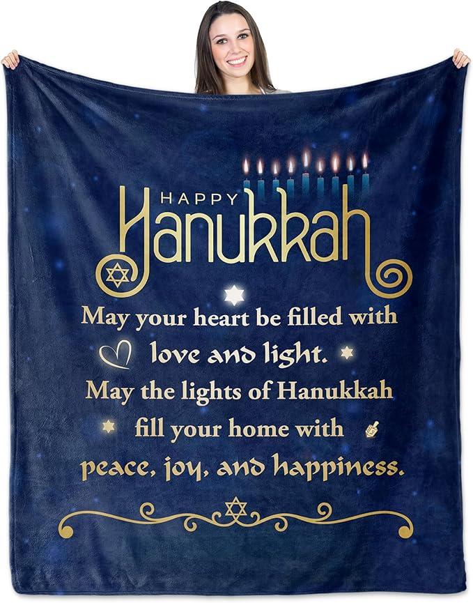 LekinGift Hanukkah Gifts, Jewish for Adults, Kids, Family, Soft Menorah Throw Blanket with Dreidel & Star of David Design, Hanukkah Blessing Blanket 50"x60", Chanukah Gift
