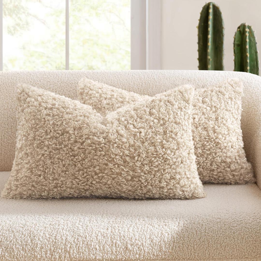 MIULEE Pack of 2 Lumbar Faux Fur Throw Pillow Covers 12x20 Inch Neutral Oatmeal Boucle Decorative Sherpa Pillow Covers Fuzzy Accent Soft Sheepskin Fleece for Boho Home Decor Sofa Living Room Bed Chair