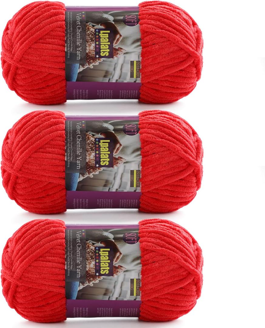 Chunky Chenille Yarn for Crocheting - 3x100g/3.5oz Baby Blanket Yarn for Crocheting Soft - 262 Yards Fluffy Thick Plush Yarns for Knitting Blankets Amigurumi (3, Red)
