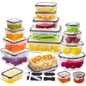 34 PCS Food Storage Containers Set with Airtight Lids (17 Lids &17 Containers) - BPA-Free Plastic Food Container for Kitchen Storage Organization, Fruit Meal-prep Containers with Labels & Marker