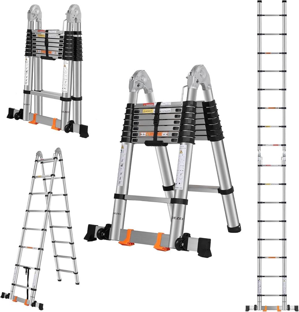 DEZEX A Frame Telescoping Ladders 16.5 FT Stainless Steel,Telescopic Ladder 330lbs Capacity Compact Ladder with Balance Bar and Movable Wheels,Multi-Purpose Collapsible Ladder for Indoor Outdoor Work