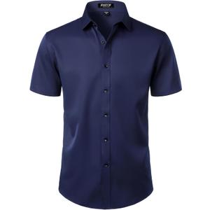 JEMITOP Men's Stretch Wrinkle Free Dress Shirts Formal Wedding Prom Short Sleeve Slim Fit Button Down Shirt (XX-Large, Navy)