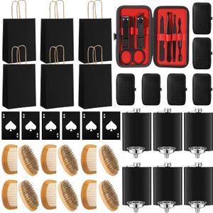 6 Sets Baby Shower Game Prizes for Men Include 8 oz Stainless Steel Hip Flask with Flask Funnel Manicure Kit Bottle Opener Beard Comb Brush Bags for Groomsmen Gift Wedding Men Gift Adult Prize