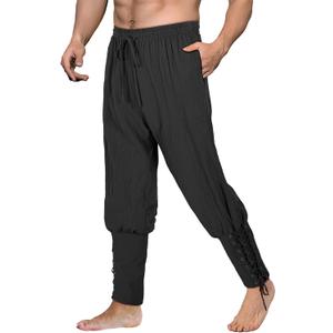 Men's Pirate Pants Renaissance Medieval Viking Pants Linen Ankle Banded Trousers Halloween Costume (Large, Z3707bk)