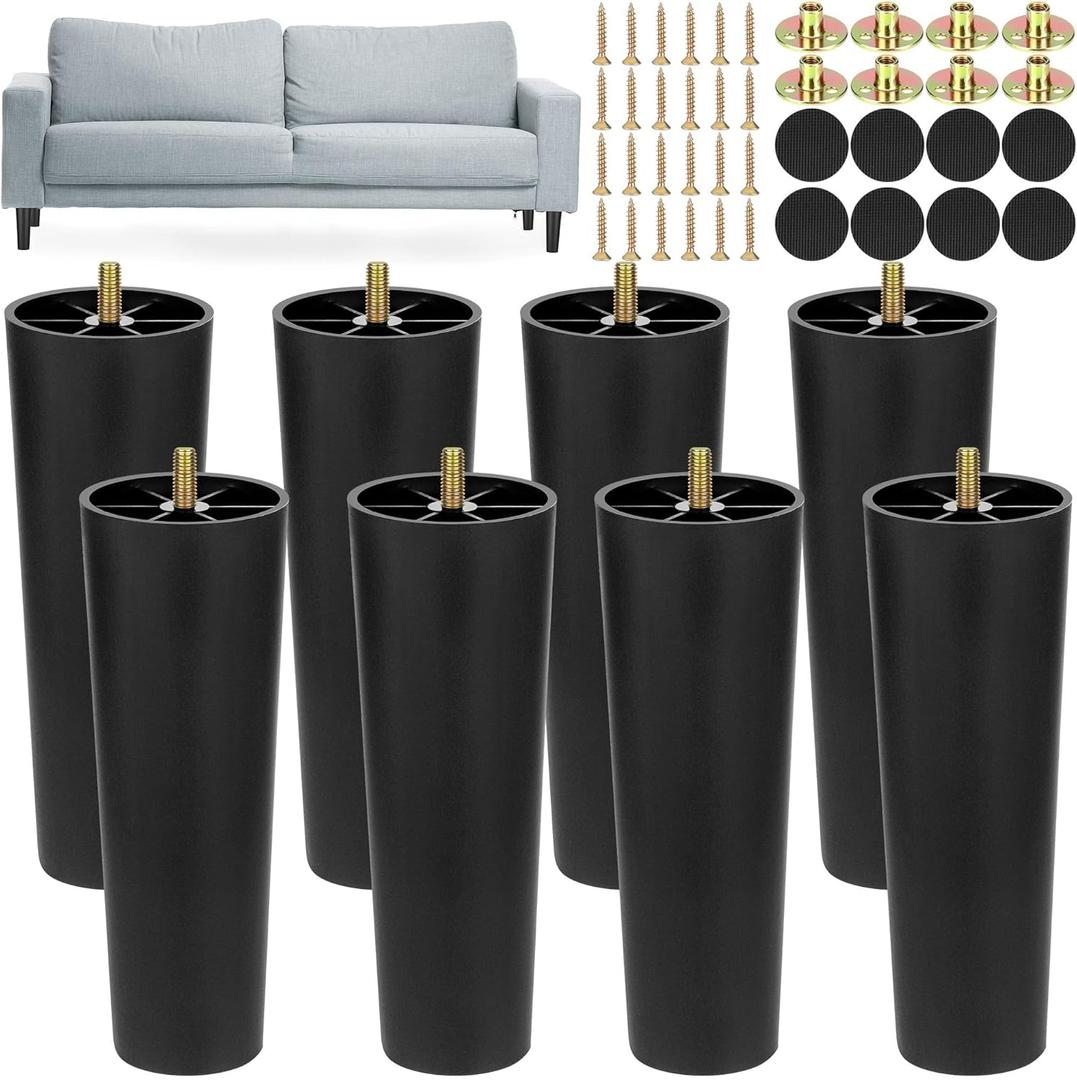TURSTIN 8 Pack 8 Inch Plastic Furniture Legs with M8 T-Nuts Screws Tapered Sofa Couch and Chair Legs Replacement Furniture Legs for DIY Projects Sofas Coffee Tables Dressers Beds