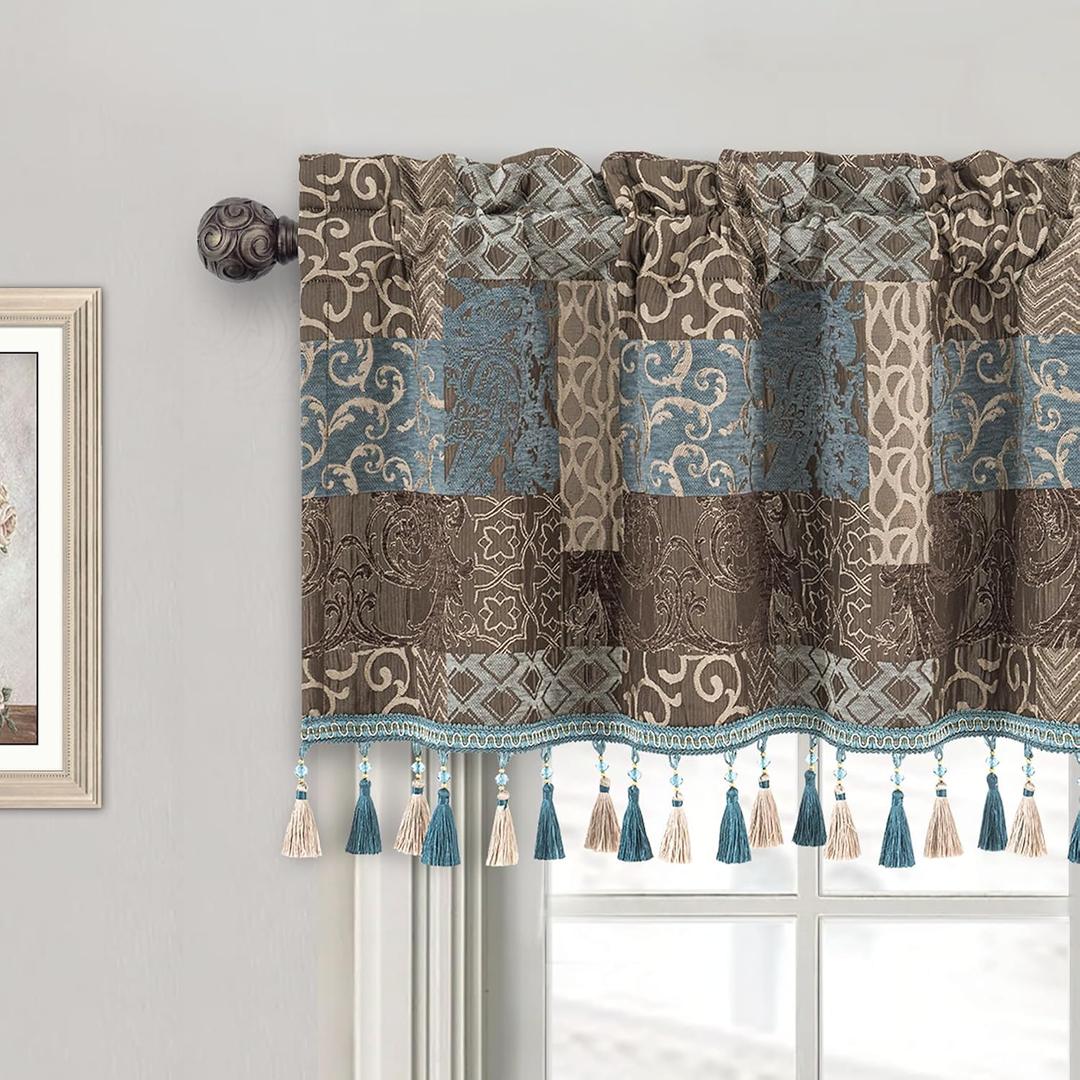 Loom and Mill Luxury Valance Curtains for Windows, Elegant Damask Thick Chenille Window Treatment with Handmade Tassels for Living Room, Bedroom Party Banquet Decorations (54" x 18", Blue), 2 Pieces