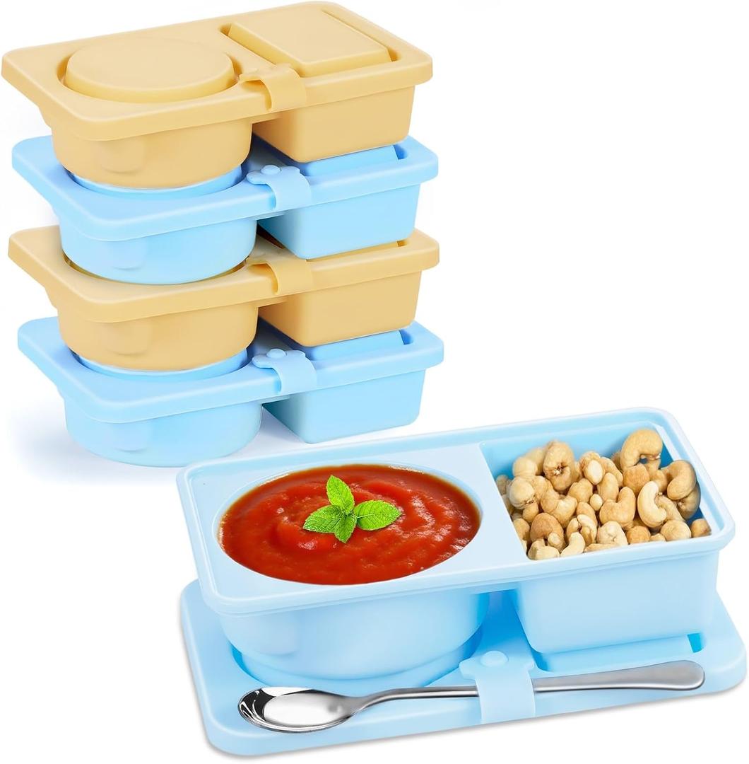 ARTLEO 4 Pack Silicone Snack Containers with Lids, Reusable and Leekproof, 2 Compartment, Sauce Dip Snackle Box Container, to Grab and Go with Prep For Kids, Bpa Free (Yellow Blue)