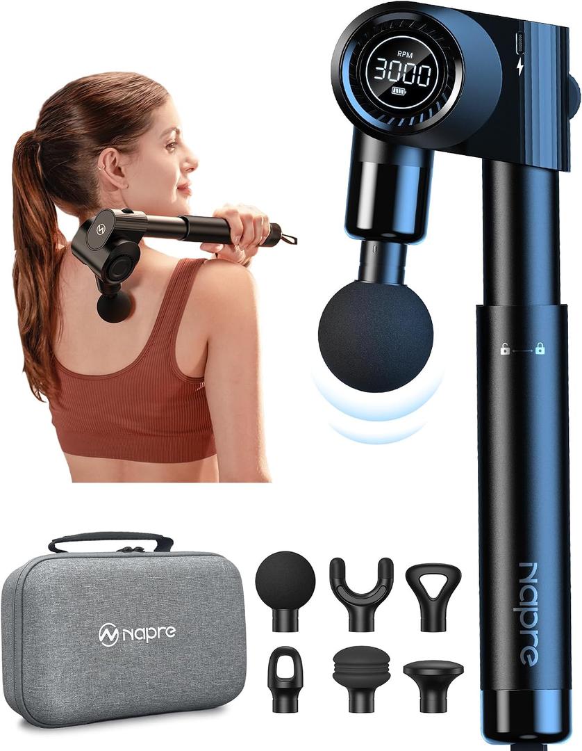 NAPRE Foldable Massage Gun Deep Tissue with 5 Adjustable Angles,Handheld Percussion Back Massager for Muscle/Neck/Body Pain Relief with Long Extension Handle,32-Speeds,with Case,Mothers Day Gifts
