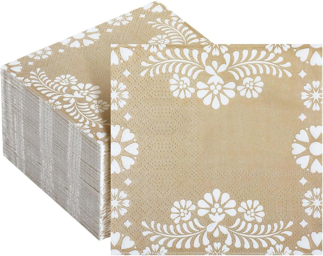 Havawish 100 PCS Beige Cocktail Napkin - Mexican Talavera Print Design Fancy Paper Napkins for Party Supplies Birthday, Baby Shower, Wedding Celebrations Decorative, 5 x 5 inch