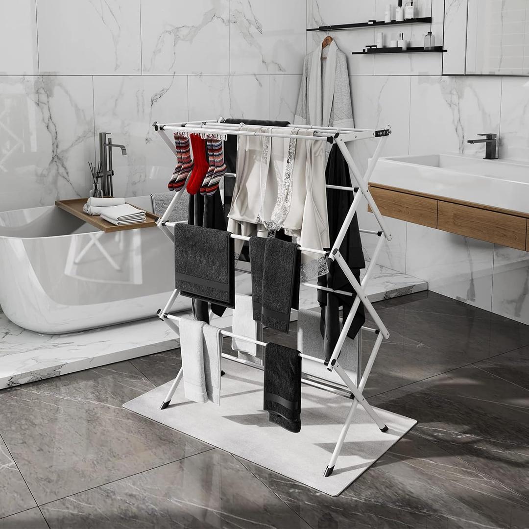 3 Tier Drying Rack Clothing,Foldable Clothes Drying Rack,Space-Saving Design, Indoor & Outdoor Laundry Rack for Drying Clothes,Metal Drying Rack,-White+Black