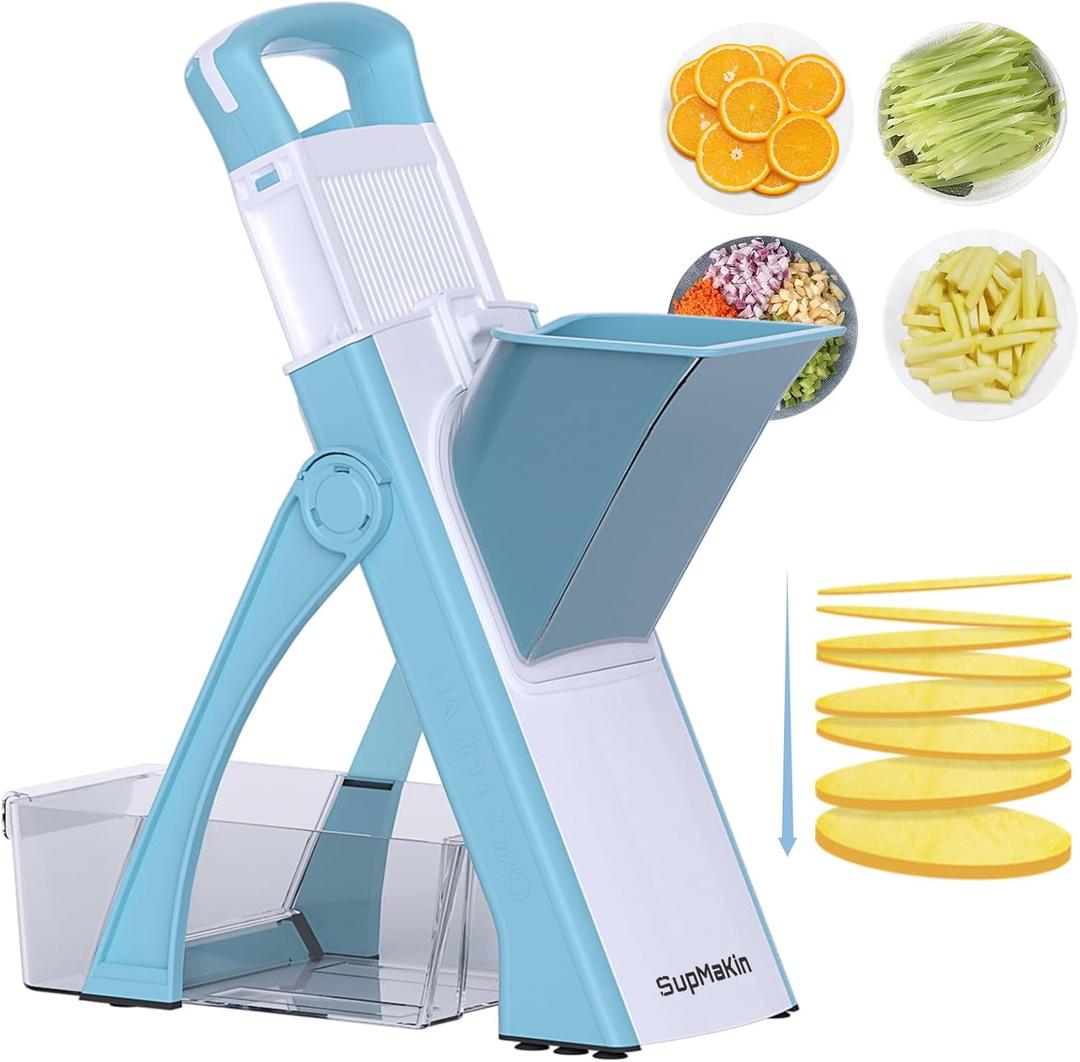 Upgrade Safe Mandoline Slicer Plus for Kitchen, SupMaKin Bigger Port Vegetable Food Potato Chopper, Adjustable Thickness, Julienne & Dicer Salad Making Chopping Artifact (Blue & White)