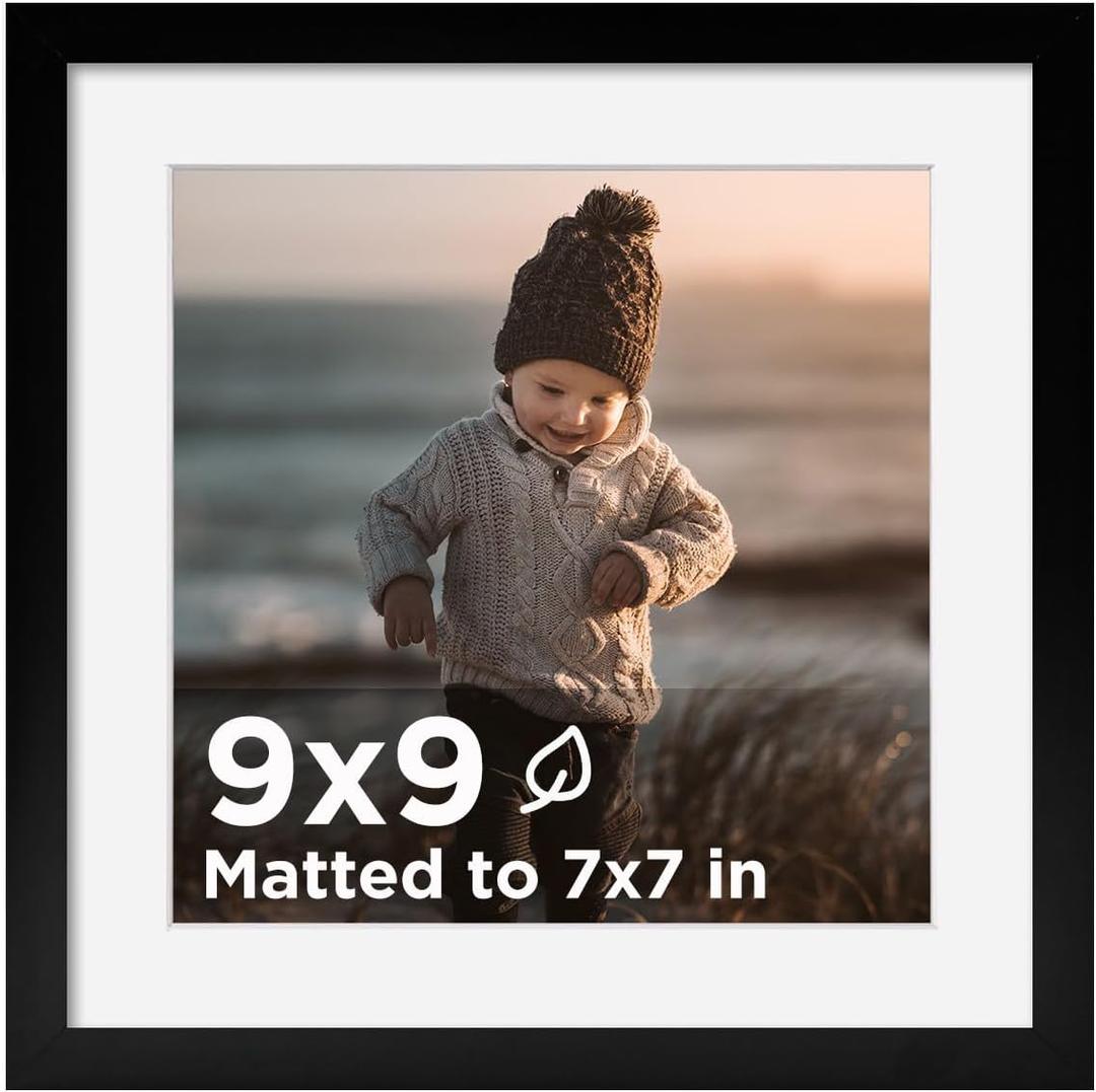 KINLINK 9x9 Picture Frame Black, Wooden Square Photo Frame Matted 7x7 with Plexiglass for 7x7 with Mat or 9x9 without Mat for Table and Wall Display