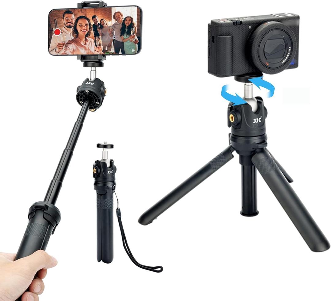 JJC 2 in 1 Extendable Mini Vlogging Tripod & Selfie Stick for Sony ZV-E10 II ZVE10 ZV-1F ZV1F ZV-1 II ZV1 RX100 VII A6100 A6400, Canon PowerShot V1 SX740 HS G7X Mark III II EOS R100 R50 R10 & More (Black)