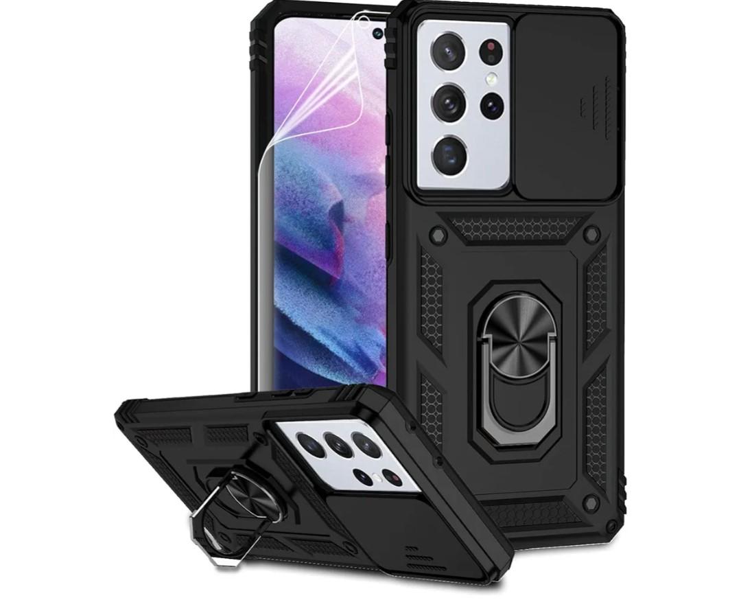 for Samsung Galaxy S21 Ultra Case with Camera Lens Cover HD Screen Protector, Military-Grade Drop Tested Magnetic Ring Holder Kickstand Protective Phone Case for Samsung Galaxy S21 Ultra 5G (Black)