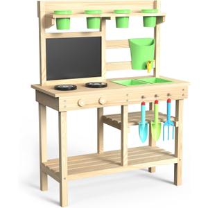 Cedar Wood Outdoor Play Kitchen for Kids, Mud Kitchen with Water Faucet, Dual-Sided Chalkboard, Storage Shelves, Cups, Removable Sink, and Pretend Stove Backyard Toddler Playset for Boys and Girls