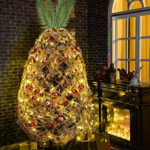 Tropical Pineapple Christmas Trees Include LED Net with Light and Jute Rope Net Set Christmas Rope Netting Mesh Tropical Bush Lights for Indoor Outdoor Party Decor, Warm Color