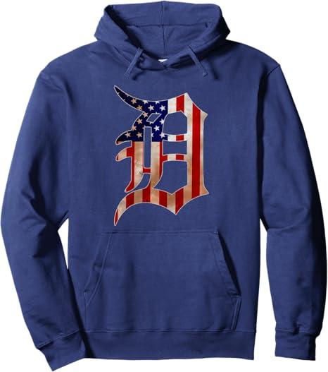 Detroit MichiganAmerican flag Old English D Hoodie Pullover Hoodie, XL, Navy Blue