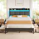 Rolanstar Bed Frame Full Size with Charging Station and LED Lights, Upholstered Storage Headboard with Drawers, Heavy Duty Metal Slats, No Box Spring Needed, Noise Free, Easy Assembly, Dark Grey