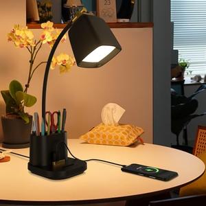 Desk Lamp for Home Office, with USB Charging Port & Pen Holder, Touch Control Dimmable, Perfect for Study, Reading, Work - Black