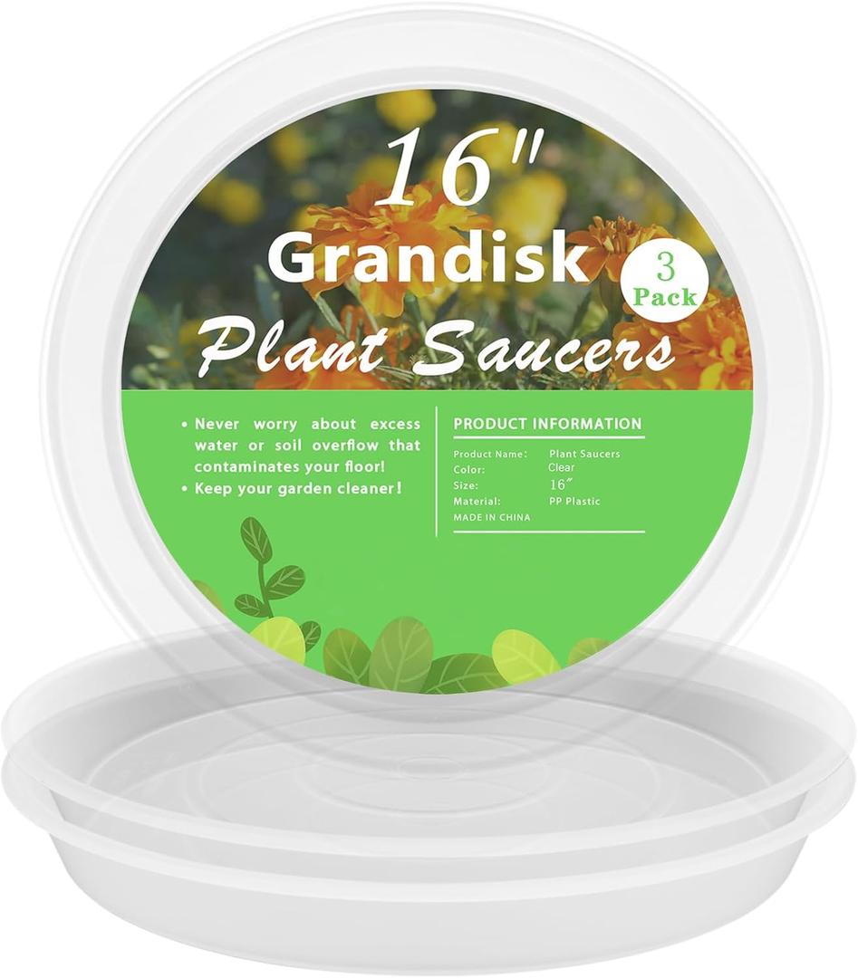 TITE 3 Pack Plant Saucer Heavy Large Planter Durable Thicker Plastic Plant Trays for Indoors and Outdoor,Plant Saucer Drip Trays, Transparent, 16 inch