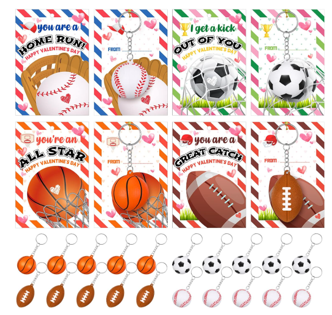 24 Pcs Valentine‘s Day Blessing Card with 24 Pcs Sport Keychains Mini Soccer Basketball Baseball Football Keychain for Boys Kids Valentines Classroom Gift Exchange Prizes Sports Party Favors, 4 Styles
Kannove 28 Pack Sp.in& Exchange Cards