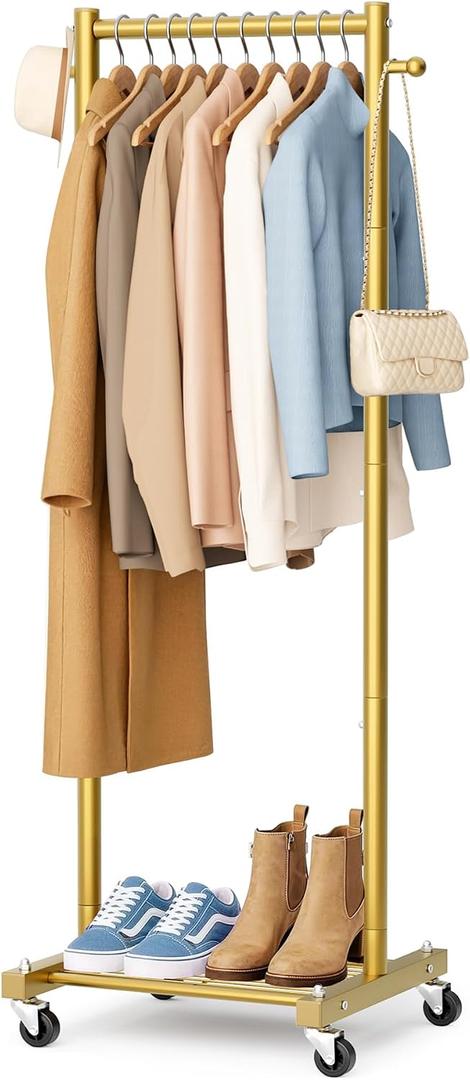 SLEEPING LAMB Small Clothes Racks for Hanging Clothes, Rolling Clothing Rack with Shelves, 60" Metal Garment Rack with Wheels Portable Wardrobe Rack for Small Space, Gold