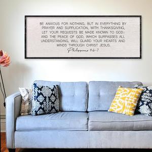 Bible Verse Wall Art Be Anxious for Nothing Christian Inspirational Sign 32"×12" Philippians 4:6-7 Rustic Religious Home Decor for Living Room Large Scripture Wood Framed Hanging (Black)