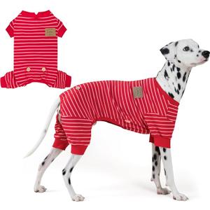 KYEESE Dog Pajamas, Striped Pet PJS Velvet Fleece Doggie Jammies, 4 Legs Outfit Soft Dog Pajamas, Cozy Pet Clothes Onesie, Comfortable PJS for Large Dogs,Red Striped,XXX-Large