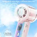 Portable Handheld Fan with Cooling Mist, 30000 RPM High Speed Turbo Personal Fan with Adjustable Speeds, 3000mAh Rechargeable Mini Misting Fan with LED Display for Travel Outdoor Makeup, Pink